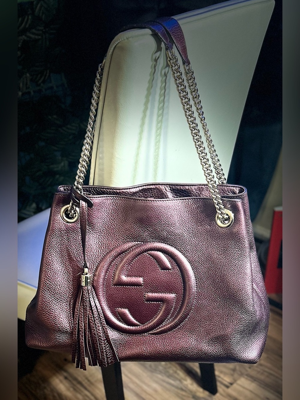 Gucci Metallic Plum Soho Chain Shoulder Cow Leather Authentic Tote Bag~Pre•Loved